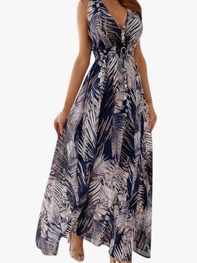 Chiffon Beach Hawaiian print Maxi,lined ,Navy/light gray,v-neck front/back,XL/1X